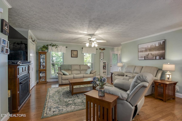 111 Ellis St, Vonore, TN 37885 - living area with wood finished floors, a ceiling fan, ornamental molding, a textured ceiling, and baseboards