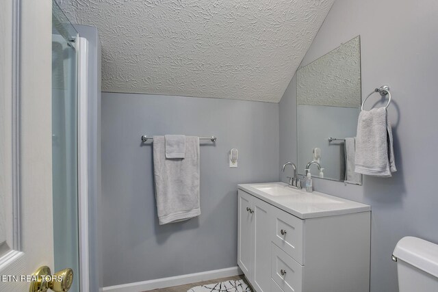 111 Ellis St, Vonore, TN 37885 - bathroom with vaulted ceiling, a textured ceiling, toilet, and vanity
