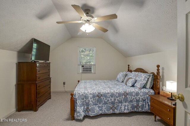 111 Ellis St, Vonore, TN 37885 - bedroom with light carpet, a textured ceiling, lofted ceiling, cooling unit, and ceiling fan