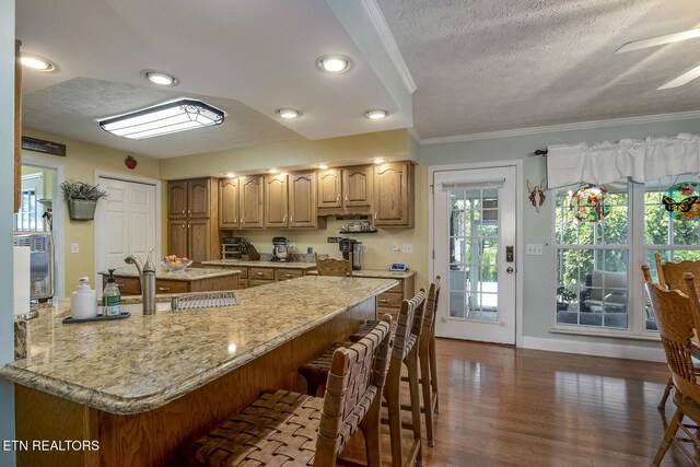 111 Ellis St, Vonore, TN 37885 - kitchen featuring a textured ceiling, ornamental molding, dark wood-type flooring, a breakfast bar area, and baseboards
