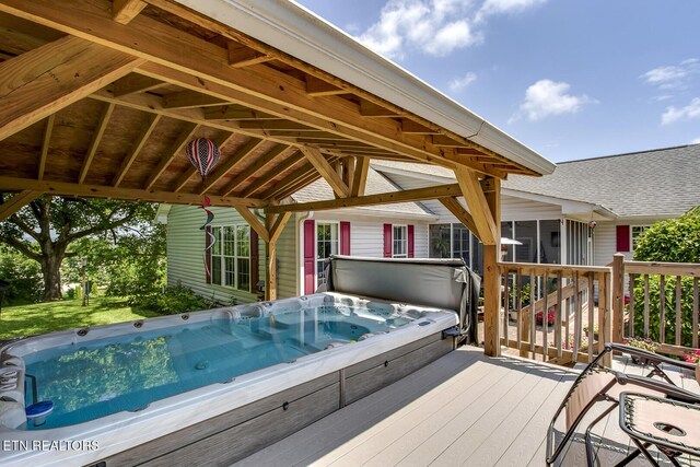 111 Ellis St, Vonore, TN 37885 - wooden terrace featuring a covered hot tub and a sunroom
