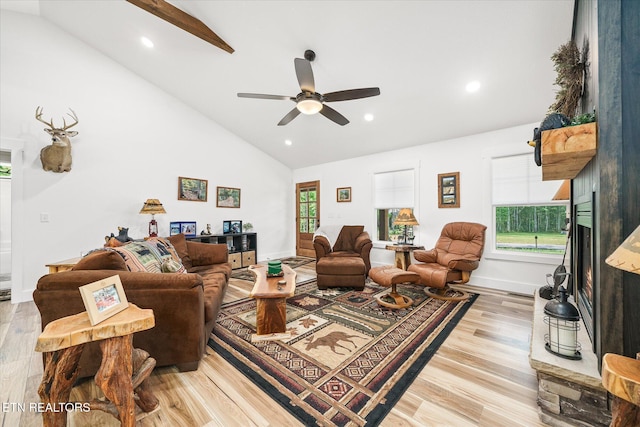 191 Creekview Ct, Jamestown, TN 38556 - living room featuring a ceiling fan, light wood-type flooring, a large fireplace, high vaulted ceiling, and recessed lighting