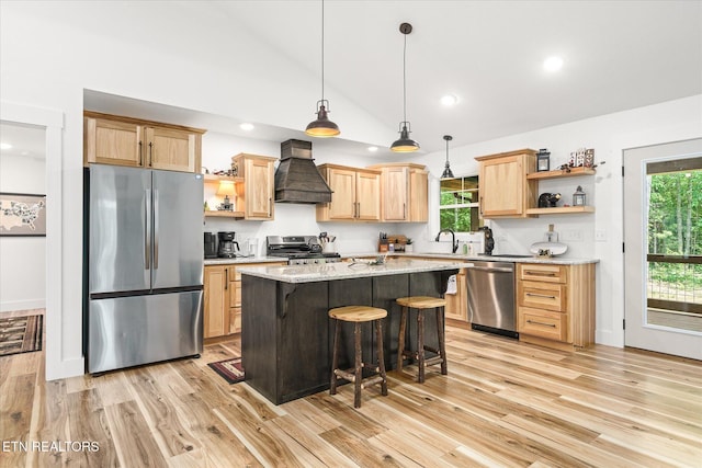 191 Creekview Ct, Jamestown, TN 38556 - kitchen featuring stainless steel appliances, open shelves, premium range hood, light brown cabinetry, and light wood-style flooring