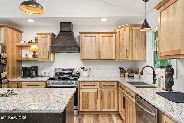 191 Creekview Ct, Jamestown, TN 38556 - kitchen with custom range hood, stainless steel appliances, a sink, light brown cabinets, and vaulted ceiling