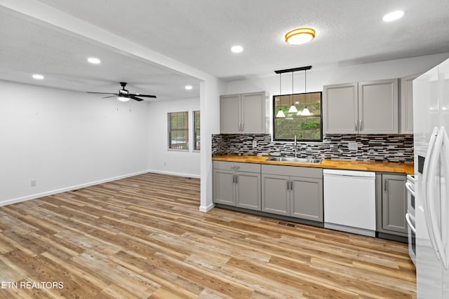 321 Ailey Rd, Dandridge, TN 37725 - kitchen featuring white appliances, gray cabinetry, butcher block countertops, a sink, and recessed lighting
