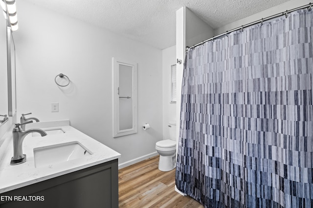 321 Ailey Rd, Dandridge, TN 37725 - bathroom with a textured ceiling, toilet, wood finished floors, double vanity, and a shower with curtain