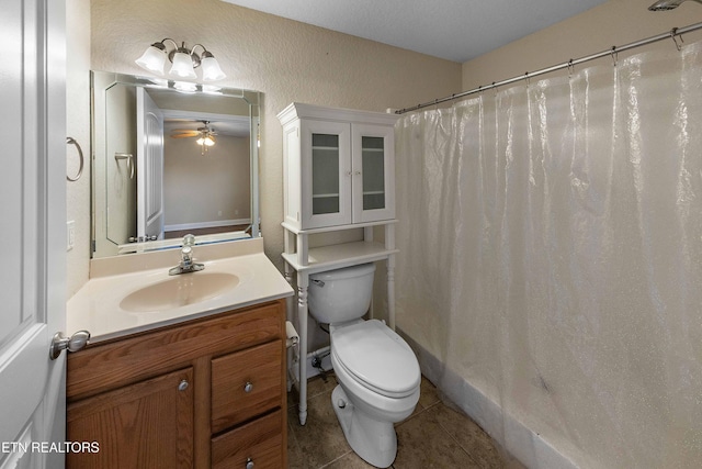 4411 Waldon Pond, Corryton, TN 37721 - bathroom featuring toilet, vanity, tile patterned floors, ceiling fan, and a shower with curtain