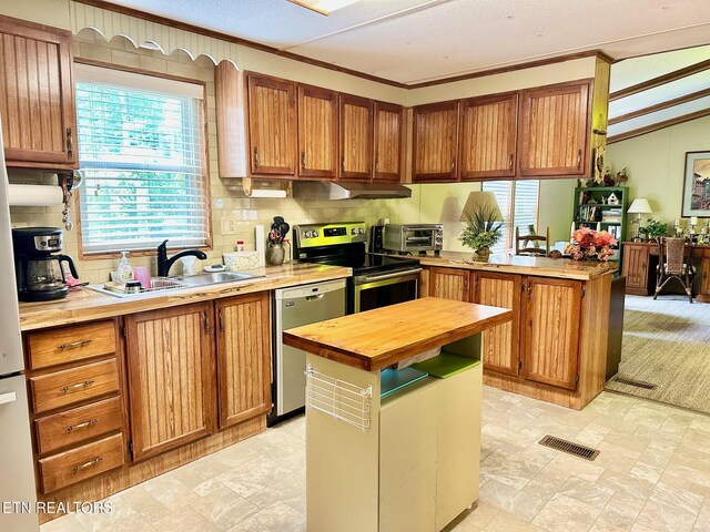 138 Rugby Ct, Crossville, TN 38558 - kitchen featuring appliances with stainless steel finishes, butcher block counters, a peninsula, a sink, and ornamental molding