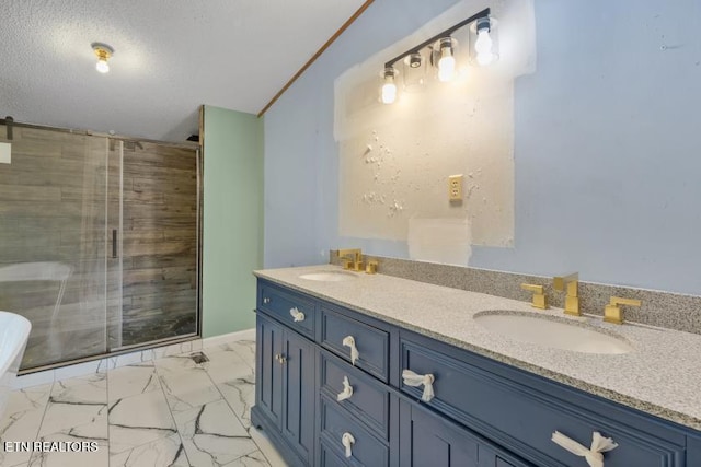 1477 Womac Hollow Rd, Ten Mile, TN 37880 - bathroom featuring double vanity, a shower stall, marble look tile flooring, a freestanding tub, and a textured ceiling
