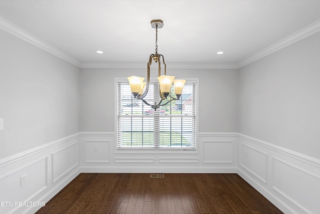 6305 Glen Eagle Ln, Knoxville, TN 37921 - unfurnished room with a chandelier, dark wood-style floors, wainscoting, recessed lighting, and crown molding