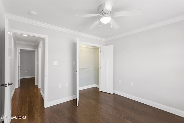 6305 Glen Eagle Ln, Knoxville, TN 37921 - unfurnished bedroom featuring wood finished floors, a closet, baseboards, ornamental molding, and a ceiling fan