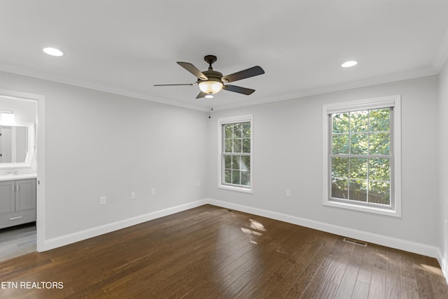 6305 Glen Eagle Ln, Knoxville, TN 37921 - spare room with ceiling fan, baseboards, crown molding, dark wood-style floors, and recessed lighting