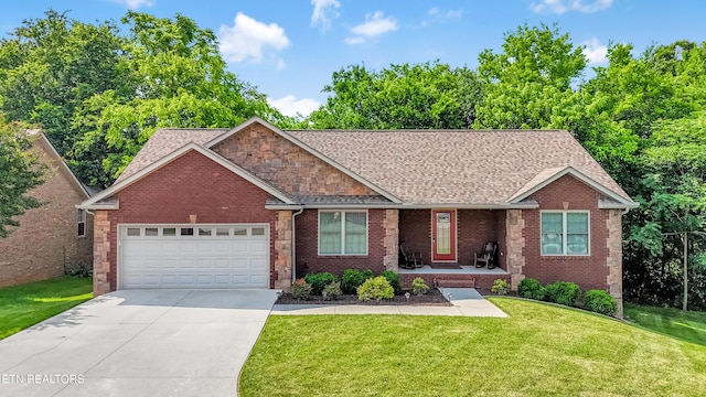 6305 Glen Eagle Ln, Knoxville, TN 37921 - ranch-style home with covered porch, an attached garage, driveway, a front lawn, and a shingled roof