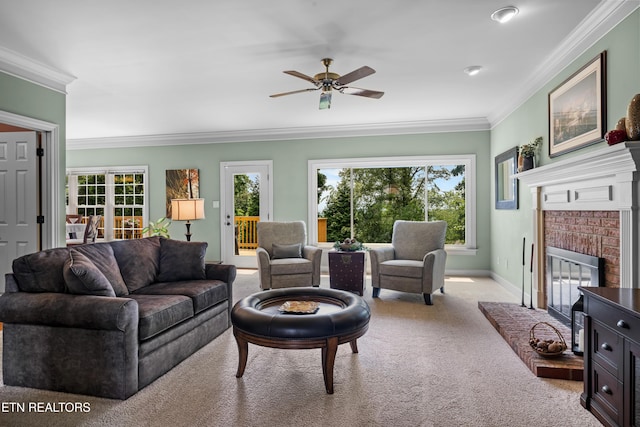 12912 Long Ridge Rd, Knoxville, TN 37934 - carpeted living room featuring plenty of natural light, a brick fireplace, crown molding, a ceiling fan, and baseboards