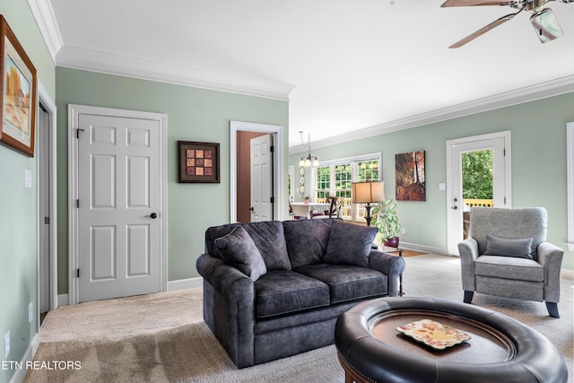 12912 Long Ridge Rd, Knoxville, TN 37934 - carpeted living room featuring crown molding, ceiling fan, and baseboards