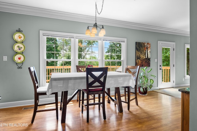 12912 Long Ridge Rd, Knoxville, TN 37934 - dining area featuring a chandelier, ornamental molding, healthy amount of natural light, and wood finished floors