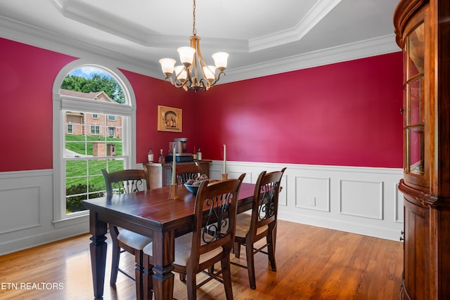 12912 Long Ridge Rd, Knoxville, TN 37934 - dining room with a tray ceiling, wainscoting, a chandelier, light wood finished floors, and crown molding