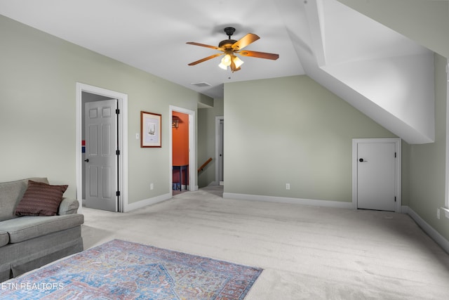 12912 Long Ridge Rd, Knoxville, TN 37934 - unfurnished living room featuring light carpet, a ceiling fan, baseboards, and lofted ceiling