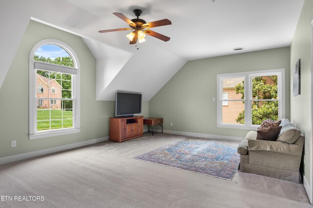 12912 Long Ridge Rd, Knoxville, TN 37934 - living room with lofted ceiling, light carpet, a ceiling fan, and baseboards