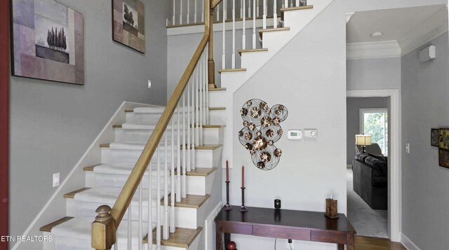 12912 Long Ridge Rd, Knoxville, TN 37934 - staircase featuring baseboards and crown molding