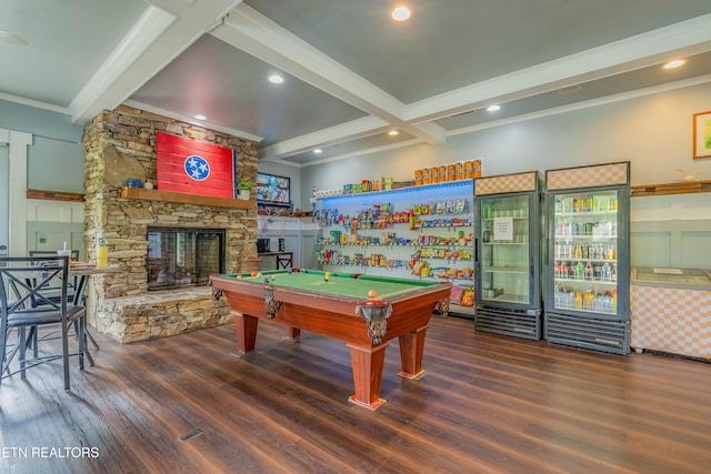 3950 Cherokee Woods Way Unit 105, Knoxville, TN 37920 - rec room featuring beam ceiling, wood finished floors, a stone fireplace, recessed lighting, and crown molding