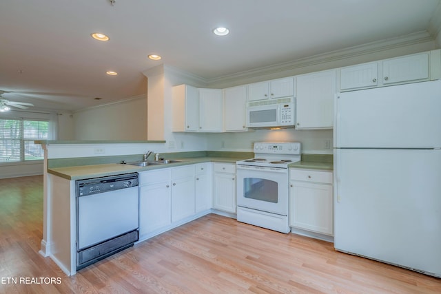 3950 Cherokee Woods Way Unit 105, Knoxville, TN 37920 - kitchen featuring white appliances, ornamental molding, a sink, light wood finished floors, and a ceiling fan