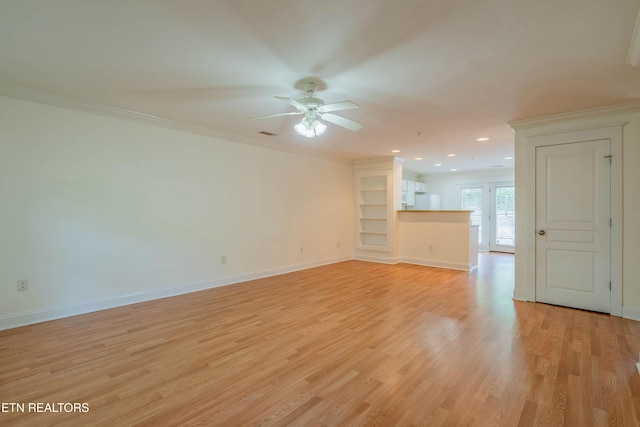 3950 Cherokee Woods Way Unit 105, Knoxville, TN 37920 - unfurnished living room featuring a ceiling fan, light wood finished floors, baseboards, ornamental molding, and recessed lighting