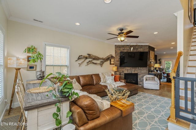 3210 Gazebo Point Way, Knoxville, TN 37920 - living room featuring a ceiling fan, crown molding, recessed lighting, a fireplace, and baseboards