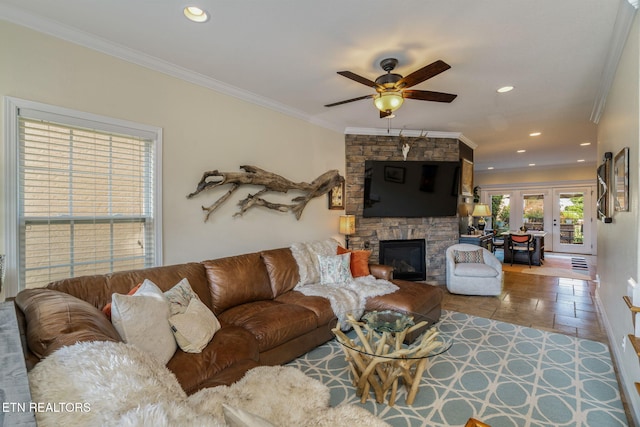 3210 Gazebo Point Way, Knoxville, TN 37920 - living area with ceiling fan, ornamental molding, recessed lighting, french doors, and a fireplace
