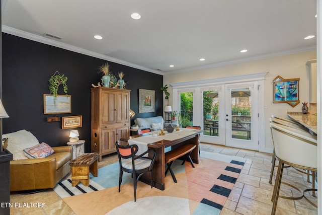 3210 Gazebo Point Way, Knoxville, TN 37920 - dining area with french doors, recessed lighting, stone tile floors, crown molding, and baseboards