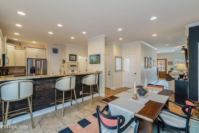 3210 Gazebo Point Way, Knoxville, TN 37920 - dining area featuring recessed lighting, crown molding, a ceiling fan, and baseboards