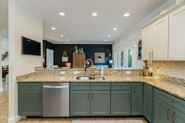 3210 Gazebo Point Way, Knoxville, TN 37920 - kitchen with dishwasher, a sink, green cabinetry, crown molding, and white cabinets