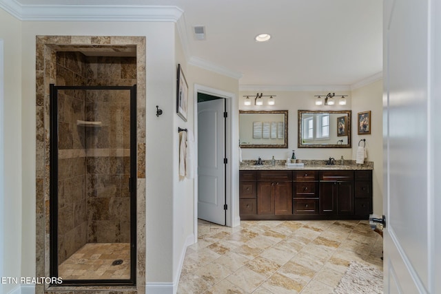 3210 Gazebo Point Way, Knoxville, TN 37920 - full bathroom with double vanity, crown molding, a shower stall, and baseboards