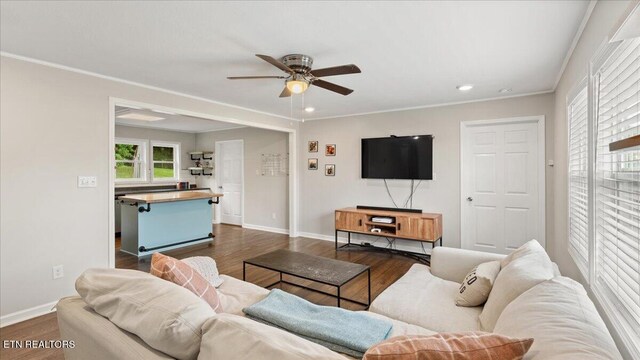 321 Sunrise Dr, Kingston, TN 37763 - living room featuring dark wood finished floors, a ceiling fan, baseboards, recessed lighting, and ornamental molding