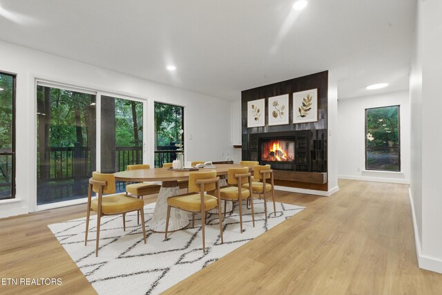 9501 E Aiken Ln, Knoxville, TN 37922 - dining space featuring a fireplace, light wood finished floors, and recessed lighting