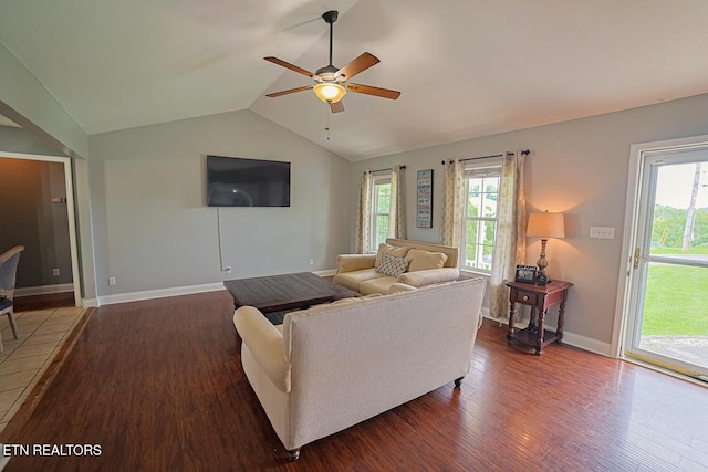773 Harvest Meadows Dr, Kodak, TN 37764 - living room featuring a ceiling fan, dark wood-style floors, vaulted ceiling, and baseboards