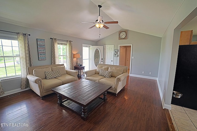 773 Harvest Meadows Dr, Kodak, TN 37764 - living room featuring ceiling fan, lofted ceiling, baseboards, and wood finished floors