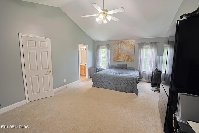 773 Harvest Meadows Dr, Kodak, TN 37764 - bedroom featuring vaulted ceiling, light colored carpet, baseboards, ensuite bathroom, and ceiling fan