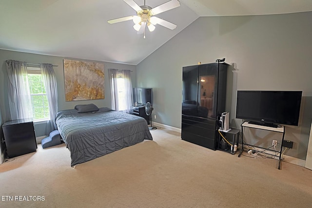 773 Harvest Meadows Dr, Kodak, TN 37764 - carpeted bedroom featuring multiple windows, ceiling fan, high vaulted ceiling, and baseboards