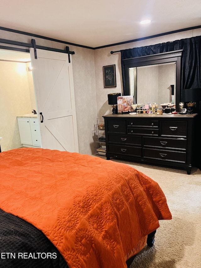 437 Clint Williams Rd, Rutledge, TN 37861 - bedroom featuring a barn door, light colored carpet, and ornamental molding