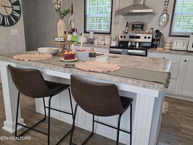 437 Clint Williams Rd, Rutledge, TN 37861 - kitchen with wall chimney range hood, stainless steel electric stove, dark wood-style floors, and a kitchen island