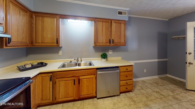 103 Mayfield Dr Unit 5, Elizabethton, TN 37643 - kitchen featuring stainless steel dishwasher, a sink, brown cabinetry, light countertops, and ornamental molding
