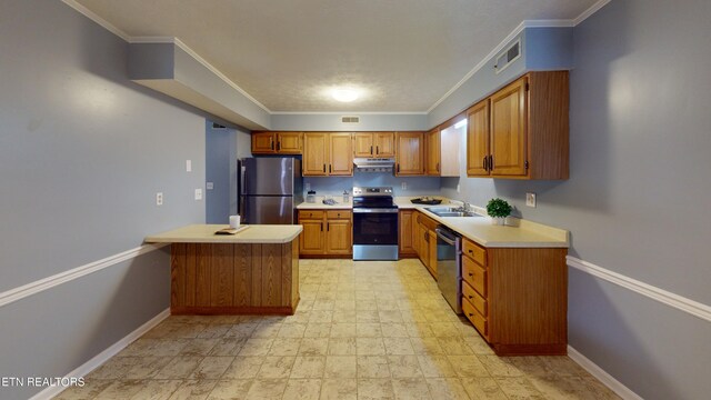 103 Mayfield Dr Unit 5, Elizabethton, TN 37643 - kitchen featuring appliances with stainless steel finishes, light countertops, a sink, brown cabinetry, and ornamental molding