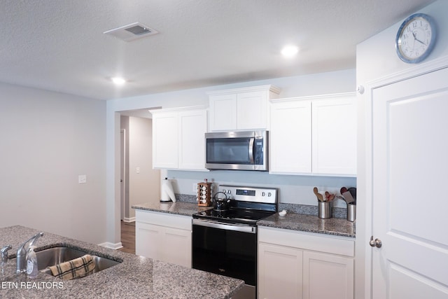 5049 Cottonseed Way, Morristown, TN 37813 - kitchen featuring stainless steel appliances, a sink, white cabinetry, dark stone countertops, and recessed lighting