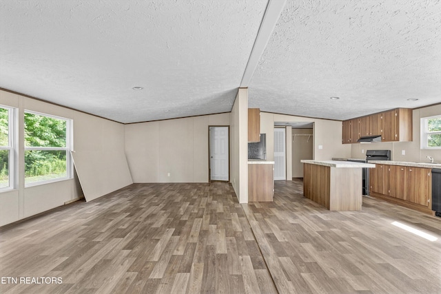 2000 Velma Rd, Athens, TN 37303 - kitchen with light wood finished floors, a textured ceiling, open floor plan, light countertops, and brown cabinetry