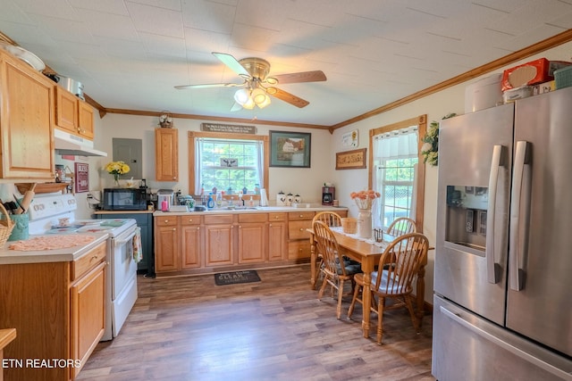 597 Mill Branch Rd, Huntsville, TN 37756 - kitchen with stainless steel fridge with ice dispenser, electric stove, under cabinet range hood, black microwave, and crown molding