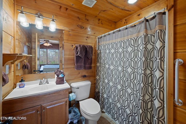 2456 Hackberry Dr, Sevierville, TN 37862 - full bath featuring wood walls, vanity, toilet, ceiling fan, and wood ceiling