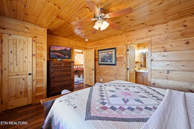 2456 Hackberry Dr, Sevierville, TN 37862 - bedroom featuring wood walls, wood finished floors, wooden ceiling, and connected bathroom