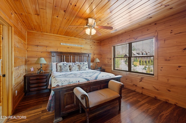 2456 Hackberry Dr, Sevierville, TN 37862 - bedroom featuring wood walls, dark wood-style floors, wood ceiling, and a ceiling fan