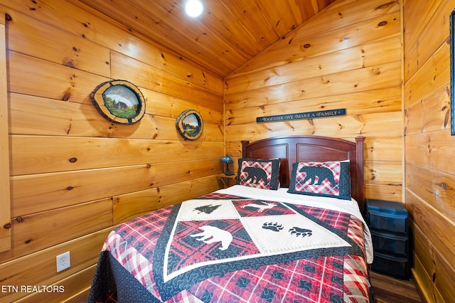 2456 Hackberry Dr, Sevierville, TN 37862 - bedroom featuring vaulted ceiling, wooden ceiling, wooden walls, and recessed lighting